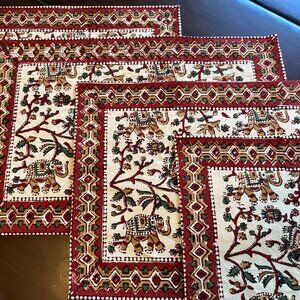 NWOT Hand Block Printed Placemats Cotton w/Floral & Elephants Earth Tones 4 Mats